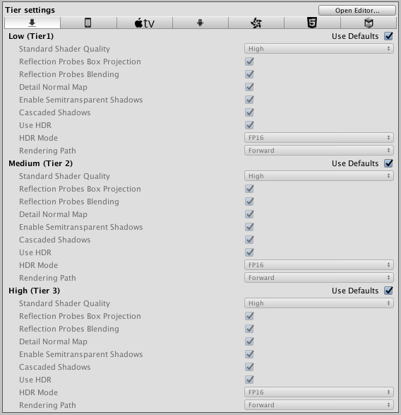 PlayerSettings Inspector 窗口中显示的 Tier Settings