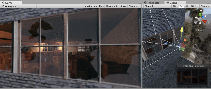 The end result, peering through a broken window into a building. The gaps in the glass are totally transparent, while the glass shards are partially transparent and the frame is fully opaque.