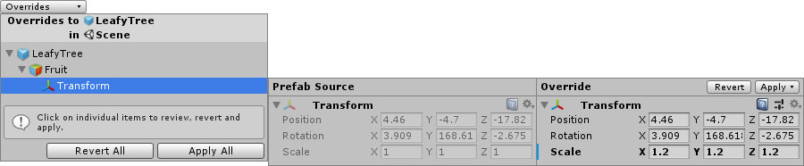 The Overrides dropdown with comparison view, showing modified values in the Transform component of a child GameObject of the prefab instance