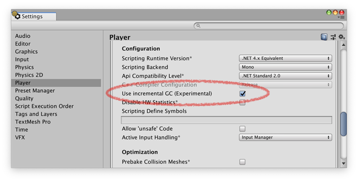 Player Settings to enable incremental garbage collection